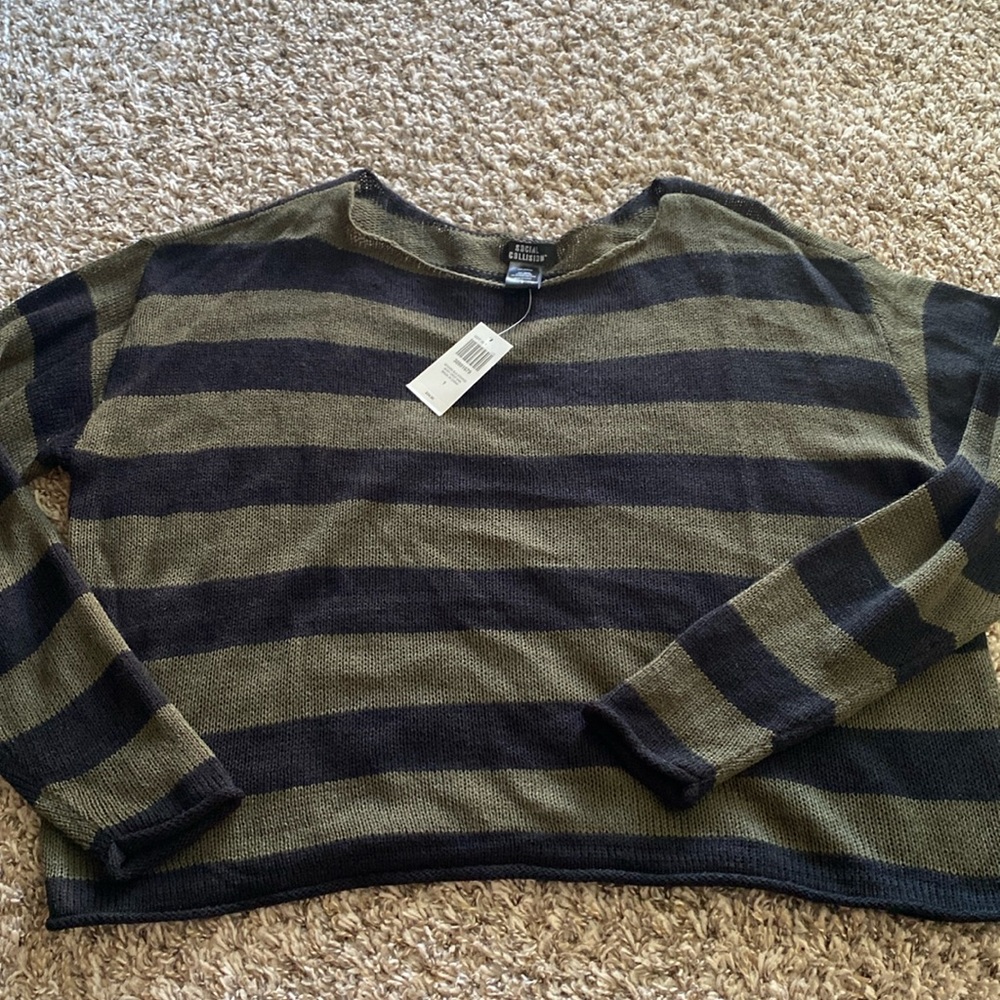 Green/Black Striped Cropped Sweater